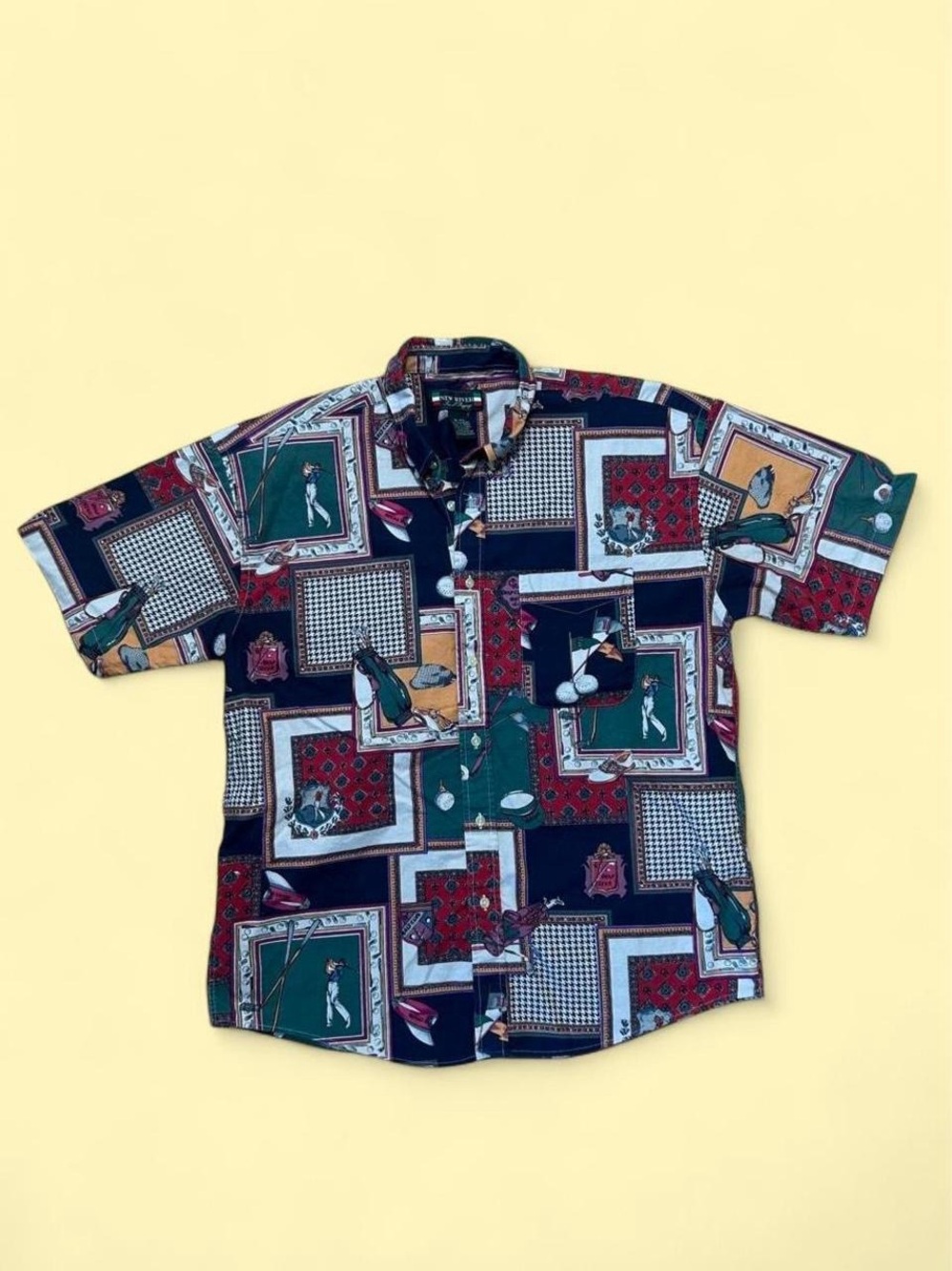 Vintage Navy Golf Patchwork Print Button-Down Shirt